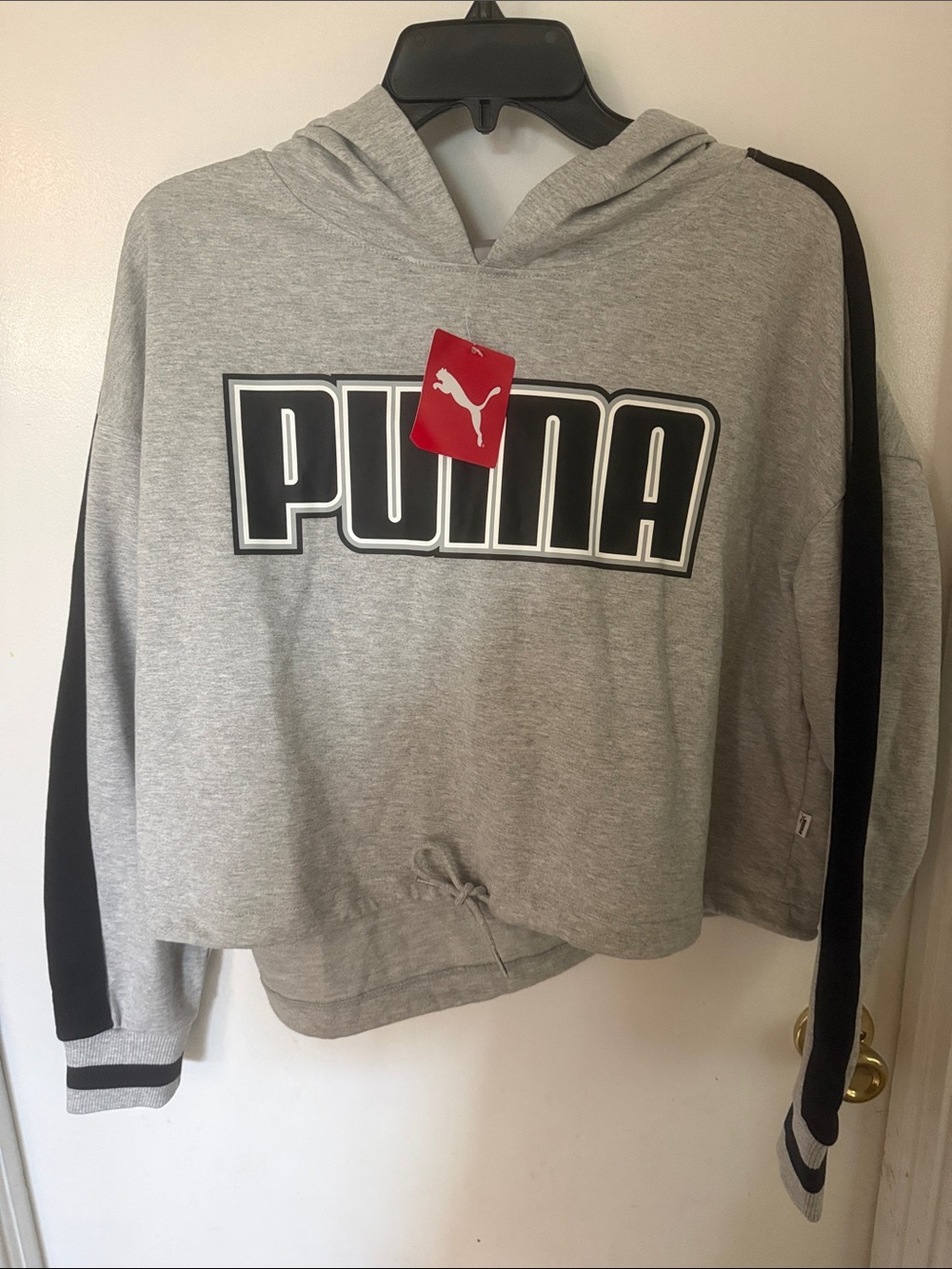 NWT Puma Light Gray Cropped Hoodie with Black Sleeve Stripes